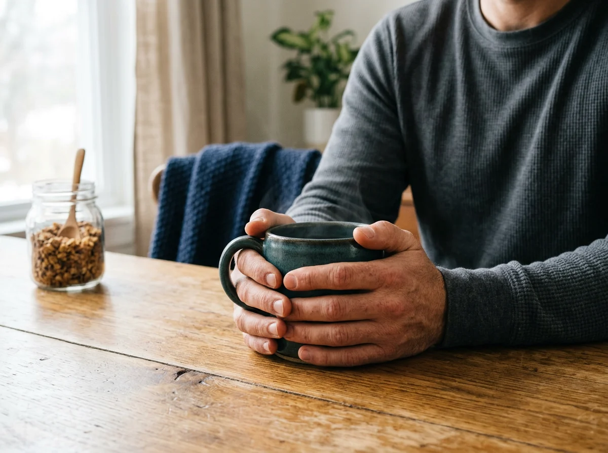 Morning wellness routine - hands holding a warm mug, healthy daily habit for men over 50