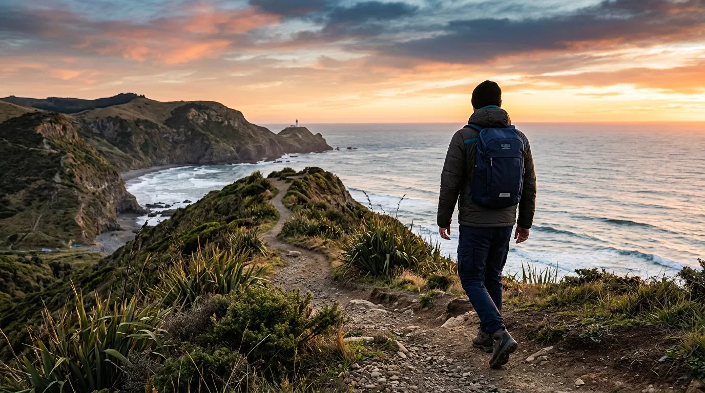 Man walking along a coastal New Zealand path - daily movement for men's wellness